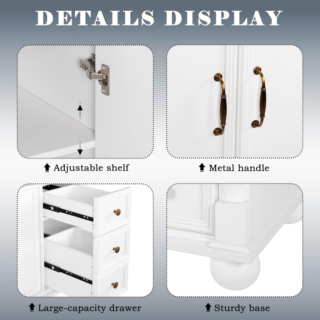 36 inch Bathroom Vanity with Sink, Freestanding Bathroom Vanity Cabinet with Ceramic Sink, Flip Top Drawer, 2 Large Capacity Drawers, Soft Closing Doors, Adjustable Shelf, Round Column Base, White