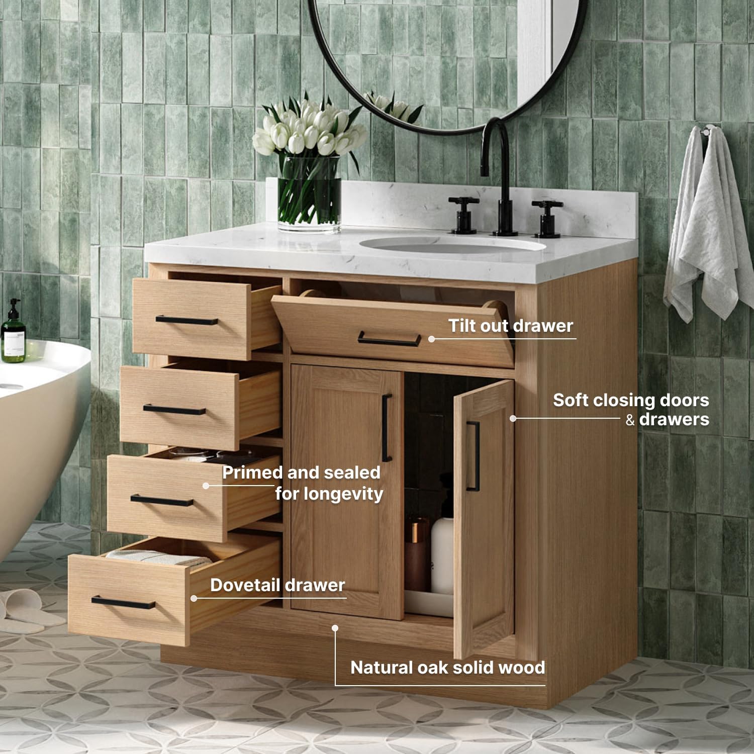 ARIEL Hepburn 36-inch Bathroom Vanity Base Cabinet,Solid Wood, 2 Soft Closing Doors, 5 Dovetail Drawers, White Oak