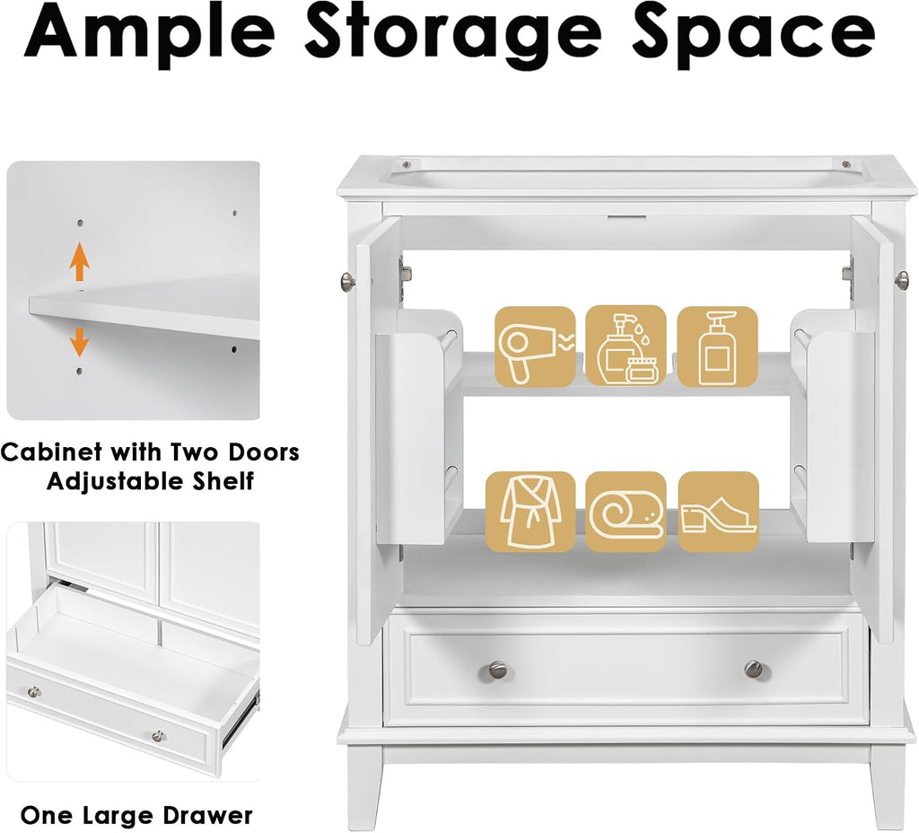 30' Bathroom Vanity with Sink Combo, Multi-Functional Bathroom Cabinet with Doors and Drawer, Solid Frame and MDF Board, White