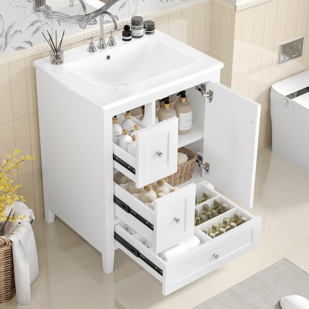 Harper & Bright Designs Glossy White Bathroom Vanity with Ceramic Sink,24 Inch Bathroom Sink Cabinet with 3 Storage Drawers,Adjustable Shelves and Door,Wooden Frame