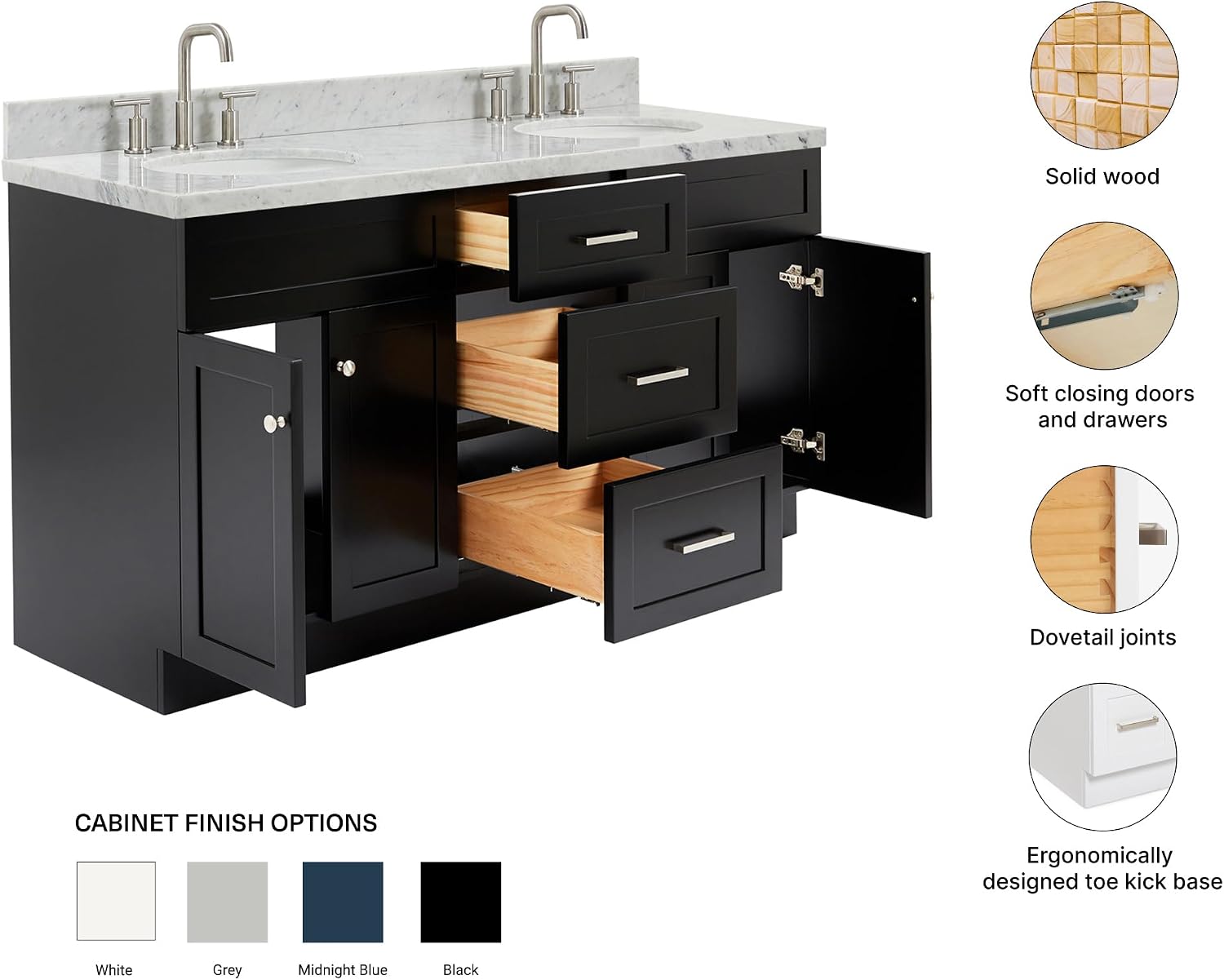 ARIEL Hamlet 66-inch Bathroom Vanity with Sink,Solid Wood, 1.5-inch Italian Carrara Marble Countertop & Backsplash, Double Oval Porcelain Sink, 4 Soft Closing Doors, 3 Dovetail Drawers, Black