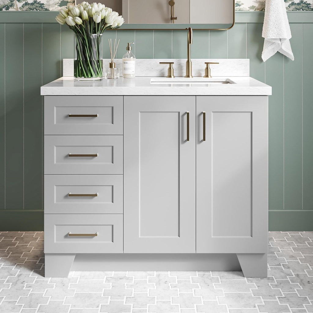 ARIEL Taylor 42-inch Bathroom Vanity with Sink,Solid Wood, 1.5-inch Italian Carrara Marble Countertop & Backsplash, Single Rectangular Porcelain Sink, 2 Soft Closing Doors, 5 Dovetail Drawers, Grey