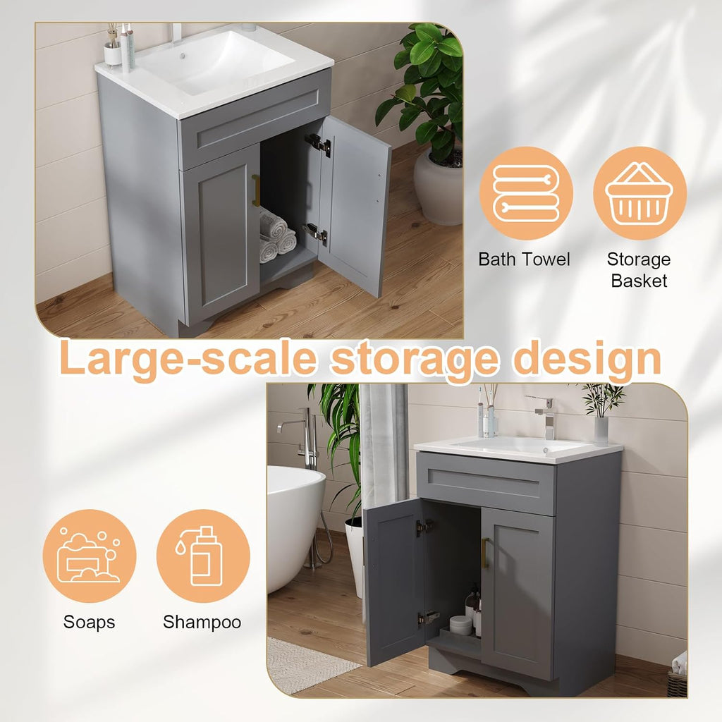 24 Inch Bathroom Vanity with Ceramic Basin and Countertop, Modern Bathroom Vanity with Sink, Narrow Design for Small Bathroom (Grey)
