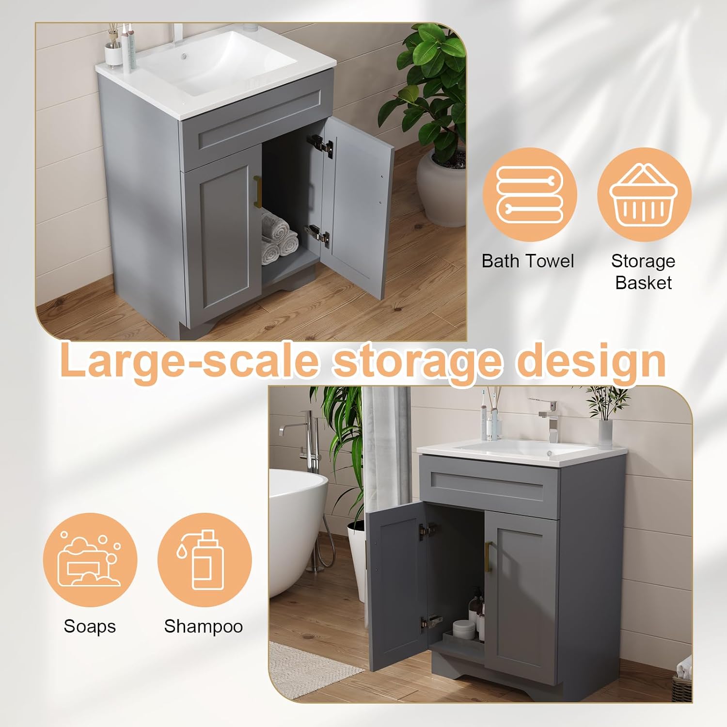 24 Inch Bathroom Vanity with Ceramic Basin and Countertop, Modern Bathroom Vanity with Sink, Narrow Design for Small Bathroom (Grey)