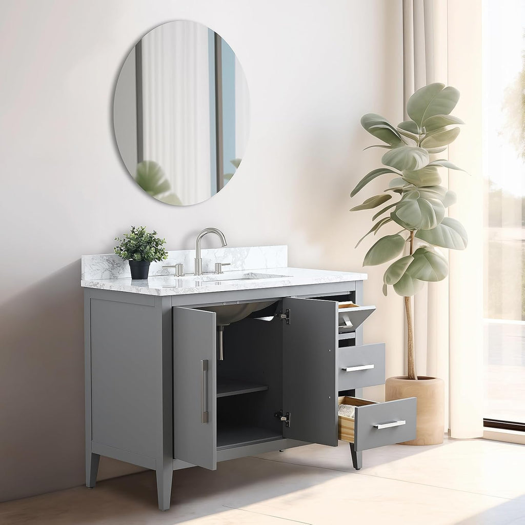 Vanity Art 42 inch Bathroom Vanity with Single Sink & Ceramic Top, Vanity Cabinet with Soft-Closing Doors, Drawers, Solid Wood Frame, Cashmere Gray, Brushed Nickle Handware