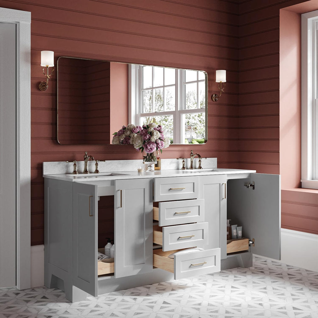 ARIEL 73' Grey Double Bathroom Vanity Italian Carrara Marble Countertop & Splash, Rectangular Sink, 4 Soft Closing Doors, 6 Full Extension Dovetail Drawers, Satin Brass