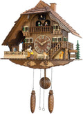 Cuckoo Clock Solid Wood Hand Carved Villa with Music and Rotating Doll, Quartz Wooden Wall Clock with Adjustable Volume and Night Sensor for Home and Office