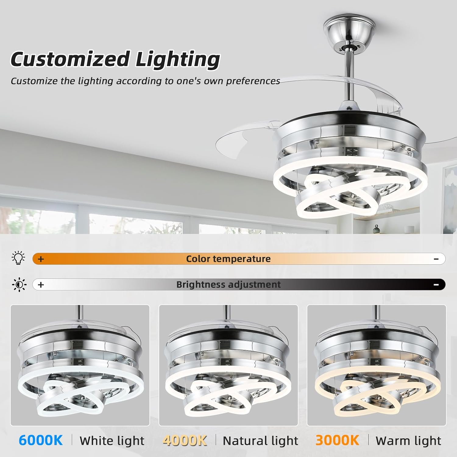 36 Inch Retractable Ceiling Fan with Lights,Dimmable,6 speeds,DC Motor,Modern DIY Ceiling Fan with Lights Remote Control for Bedroom Living Room Kitchen (Silver, 36 inch)