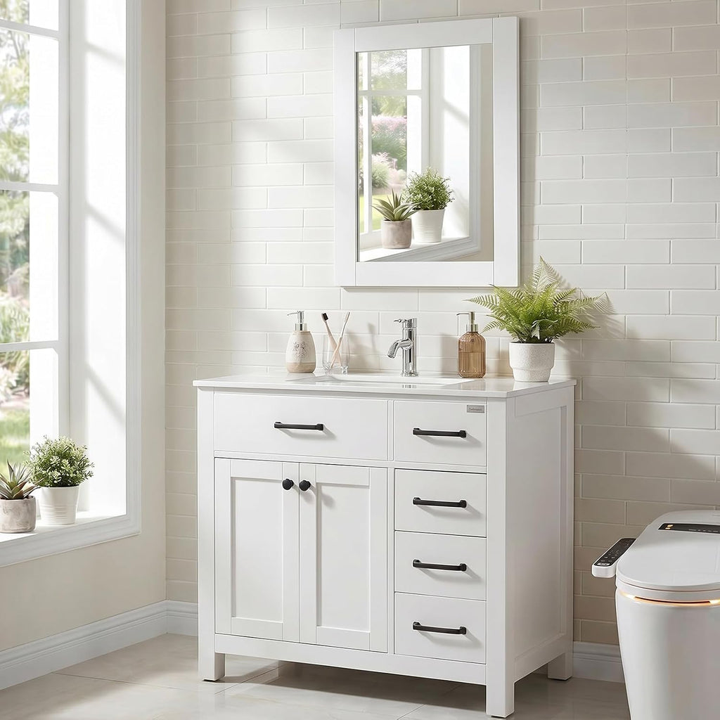 36 inch Bathroom Vanity with Sink and Countertop Faucet Modern White | Freestanding bathroom vanity cabinet, ceramic single sink combo