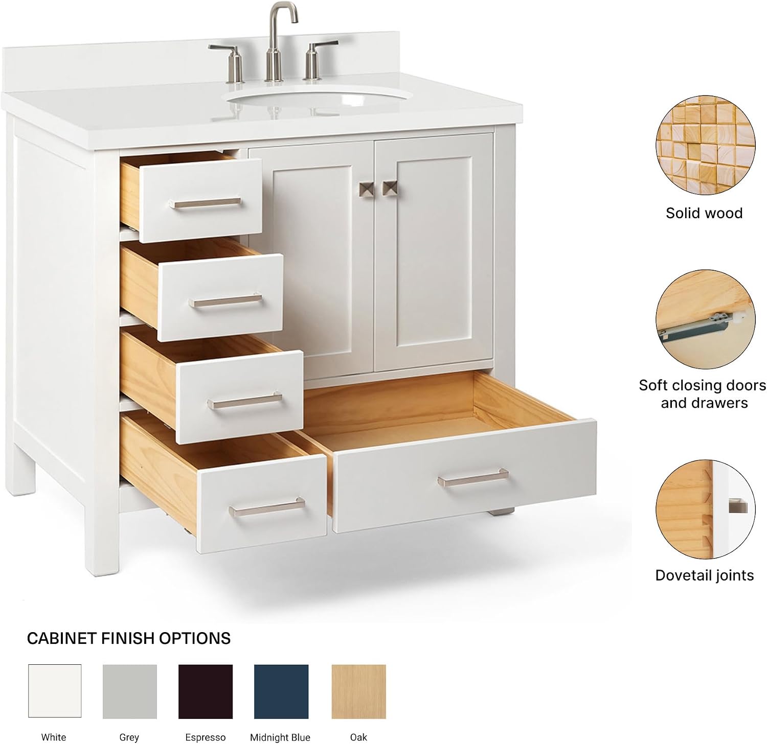 ARIEL Cambridge 36-inch Bathroom Vanity with Sink,Solid Wood, 1.5-inch Pure White Quartz Countertop & Backsplash, Single Oval Porcelain Sink, 2 Soft Closing Doors, 5 Dovetail Drawers, White