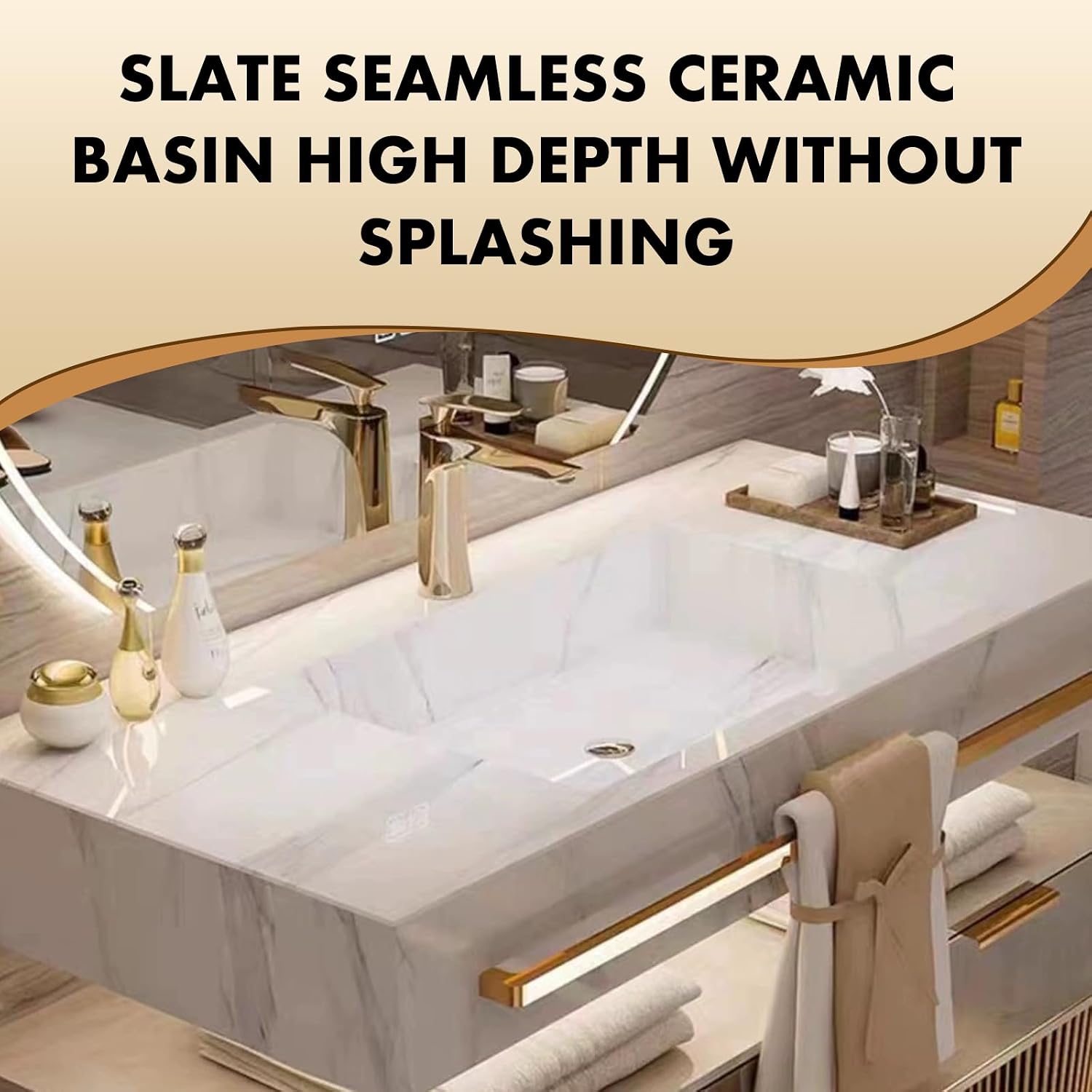 44 Inch Luxury Bathroom Vanity, Floating Bathroom Vanity with Sink and LED Round Smart Defogger Mirror, Multilayer solid wood Spacious Storage Drawer Include Faucet and Drain Fittings,Single Sink