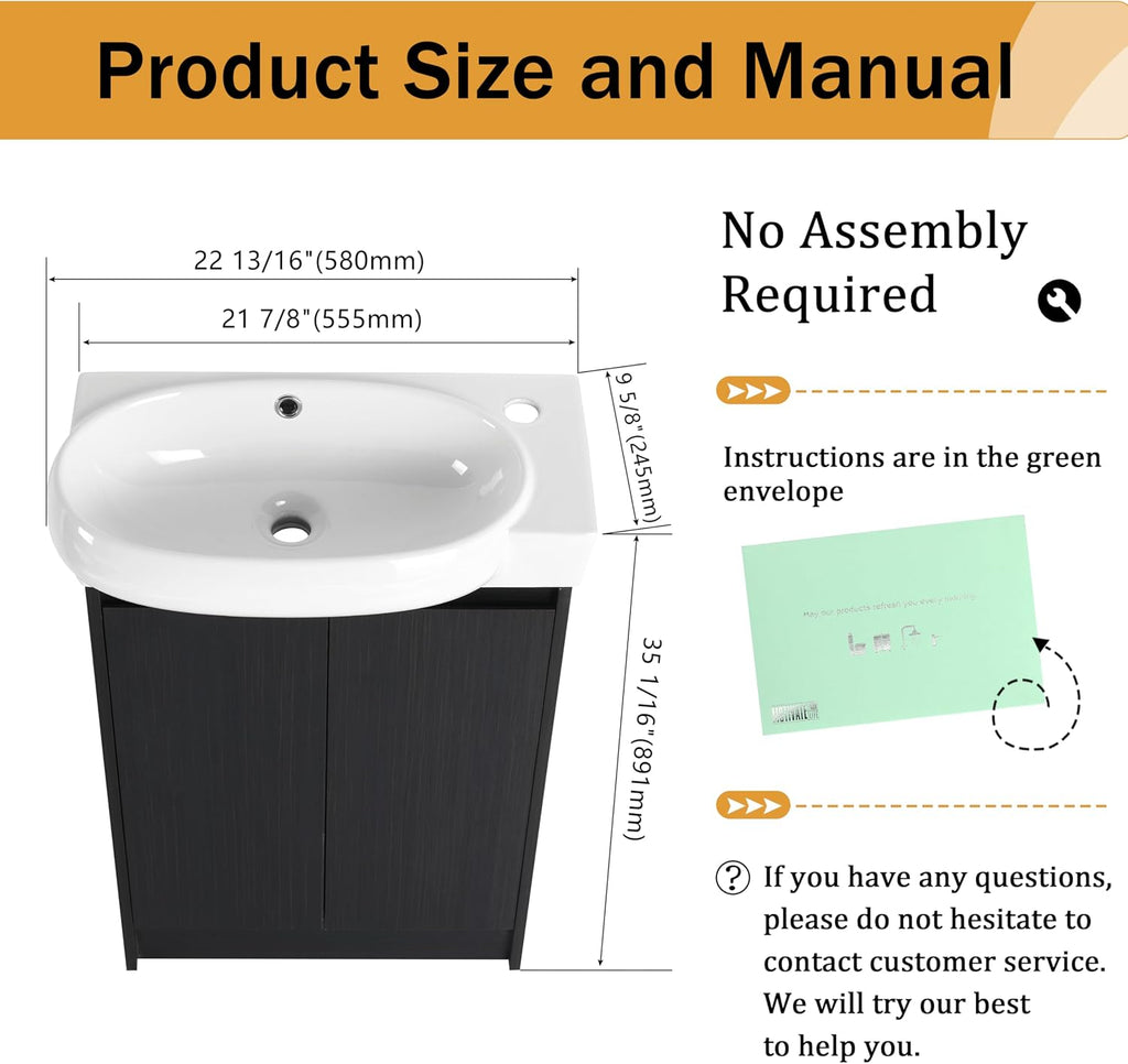 Malwee 23 Inch Freestanding Bathroom Vanity with Sink, 23'' Floor Stand Single Sink Bathroom Vanity Combo, Modern Black Cabinet Set with 2 Doors and Ceramics Basin Top, Ajustable Shelf.MA02923BCT
