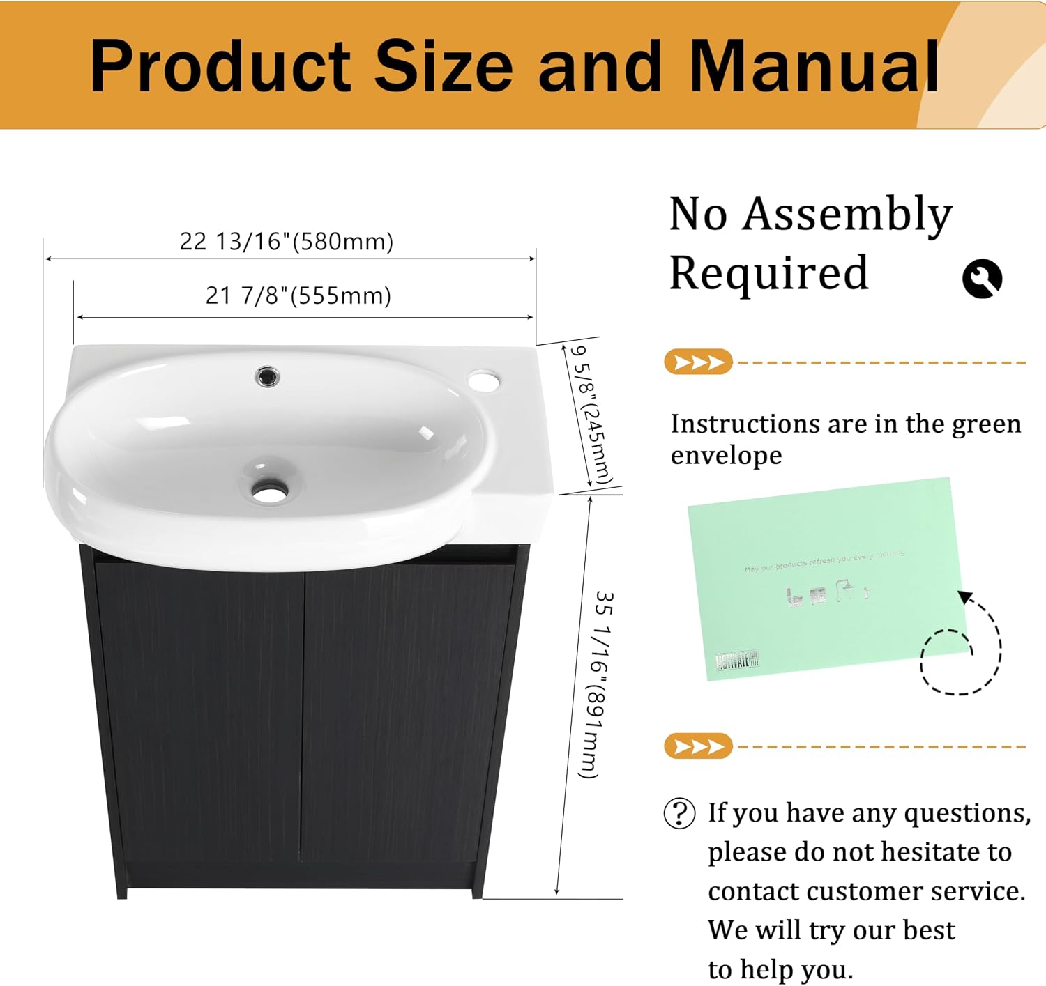 Malwee 23 Inch Freestanding Bathroom Vanity with Sink, 23'' Floor Stand Single Sink Bathroom Vanity Combo, Modern Black Cabinet Set with 2 Doors and Ceramics Basin Top, Ajustable Shelf.MA02923BCT