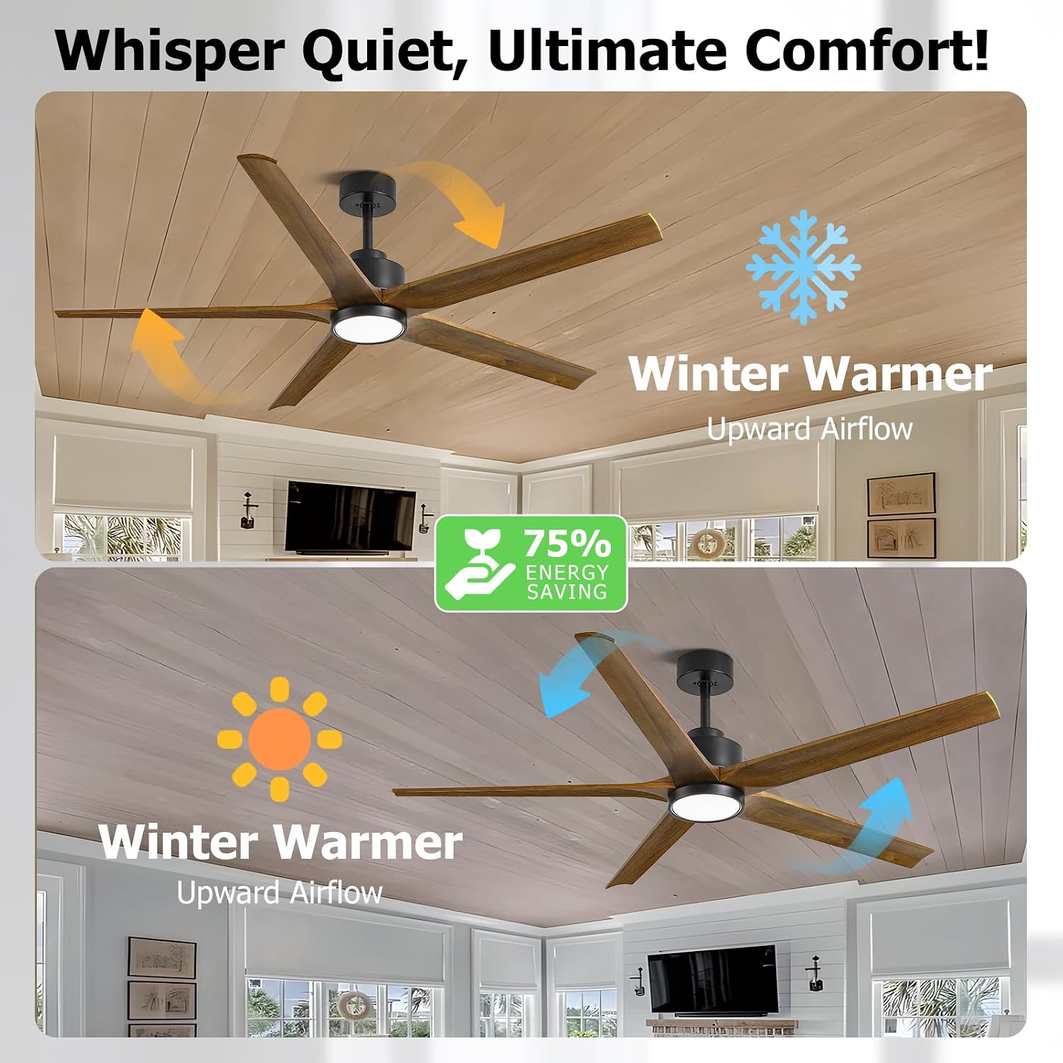 72 Inch Ceiling Fan with Lights, Outdoor Wood Silent Ceiling Fans, Modern Large Airflow High CFM Farmhouse Fan, Quiet Reversible DC Motor 5 Blades for Bedroom Living Room Exterior Patios