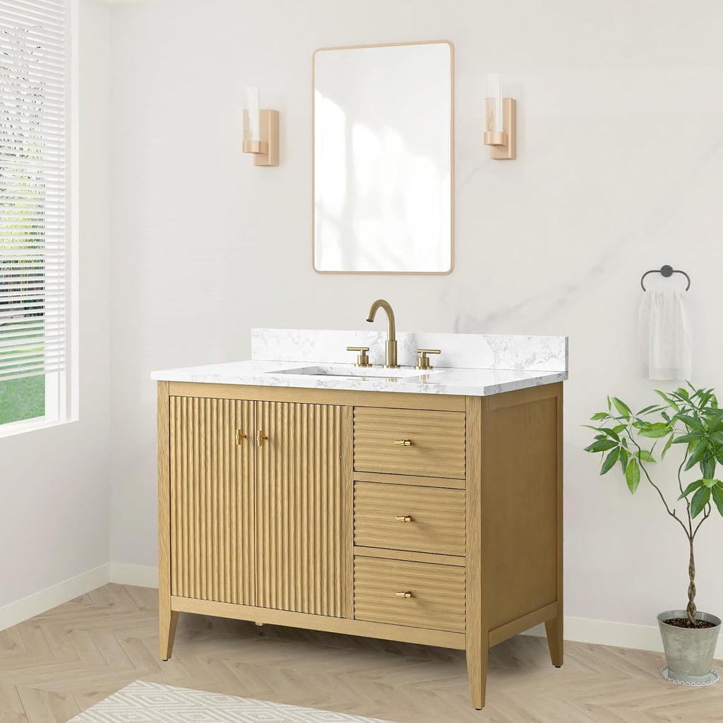 HOMEBEYOND 42' Bathroom Vanity with Sink, Solid Wood Bathroom Vanity Free-Standing Cabinet, Drawers, Ceramic Top & Soft Closing Door, Golden Brushed Handware, Natural Oak