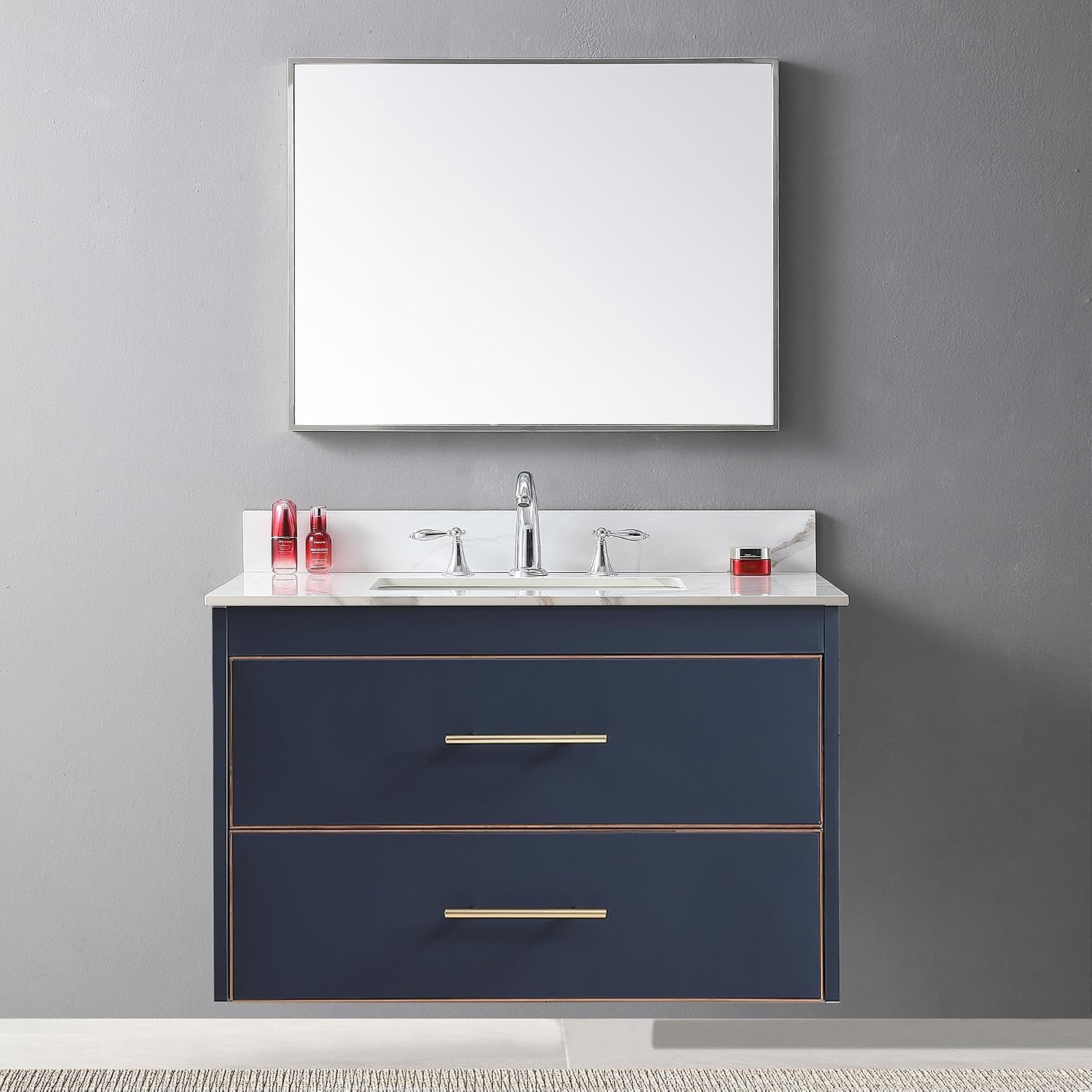 37' Bathroom Vanity Top with Ceramic Undermount Sink & Backsplash,Carrara Gold Sintered Stone Counter Top, 3 Holes Vanity Sink Top