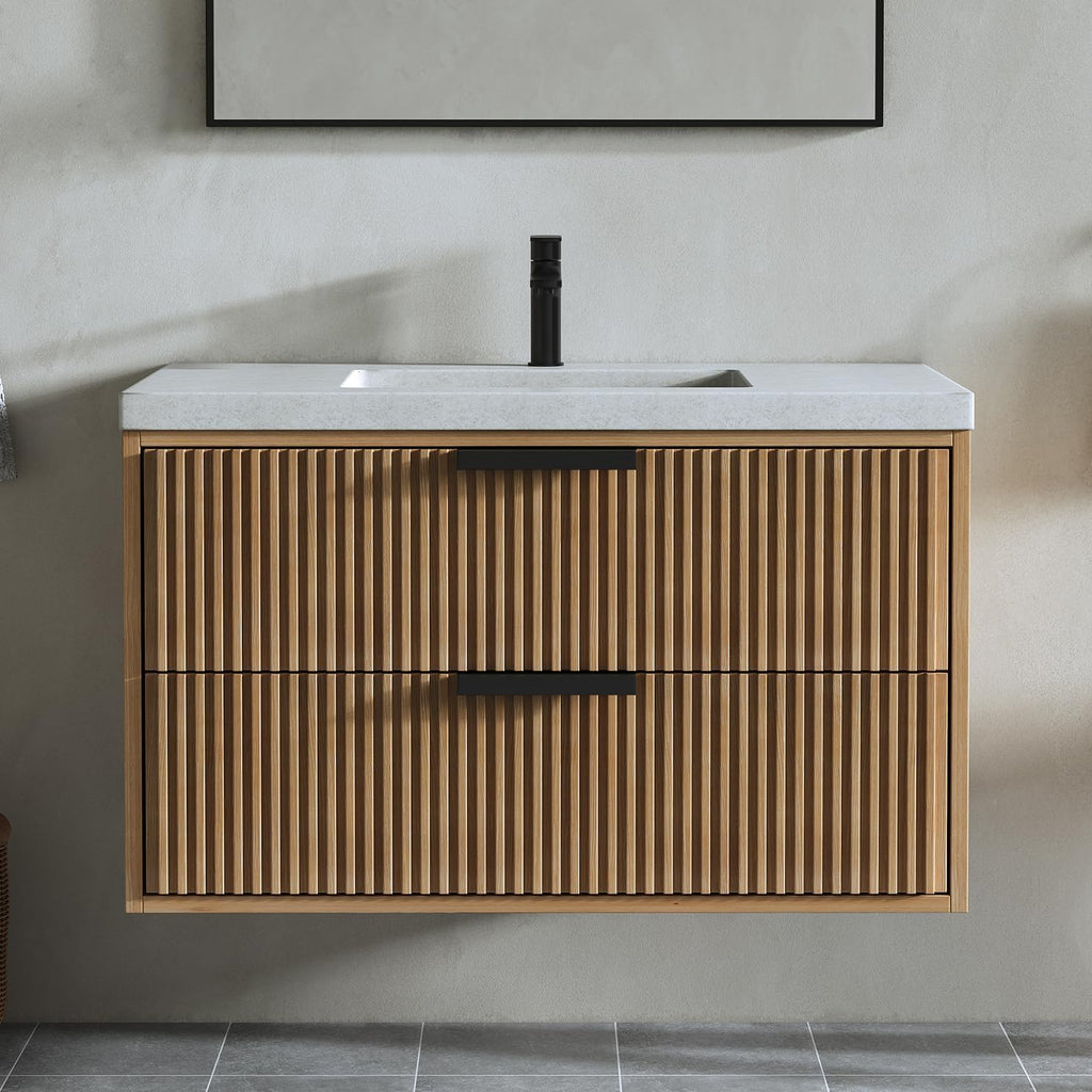 36' Single Bathroom Vanity with Cement Sink, Undermount Sink Cabinet, 2 Soft Clossing Drawers, Floating Storage Cabinet with White Sink, Natural Brown