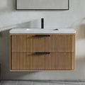 36' Single Bathroom Vanity with Cement Sink, Undermount Sink Cabinet, 2 Soft Clossing Drawers, Floating Storage Cabinet with White Sink, Natural Brown