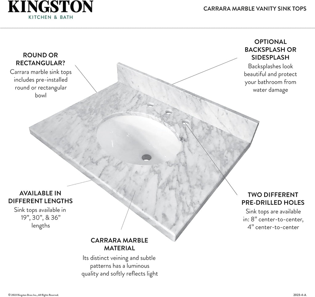 Kingston Brass KVPB1917M38SQ Fredrickson 19-Inch Carrara Marble Vanity Sink Top (8' Faucet Drillings) in Carrara White