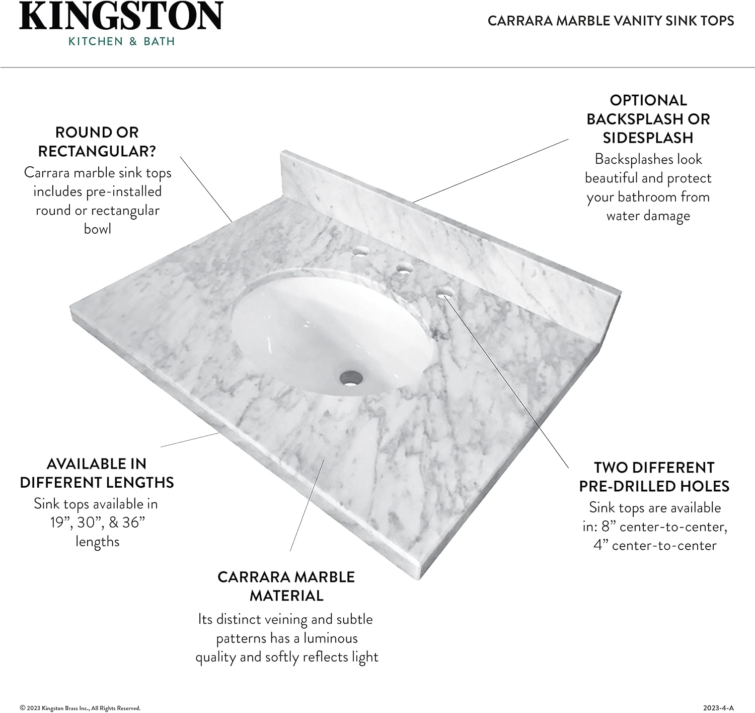 Kingston Brass KVPB1917M38SQ Fredrickson 19-Inch Carrara Marble Vanity Sink Top (8' Faucet Drillings) in Carrara White
