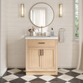 ARIEL Hepburn 30-inch Bathroom Vanity with Sink,Solid Wood, 1.5-inch Carrara White Quartz Countertop, Single Rectangular Porcelain Sink, 2 Soft Closing Doors, 1 Dovetail Drawers, White Oak