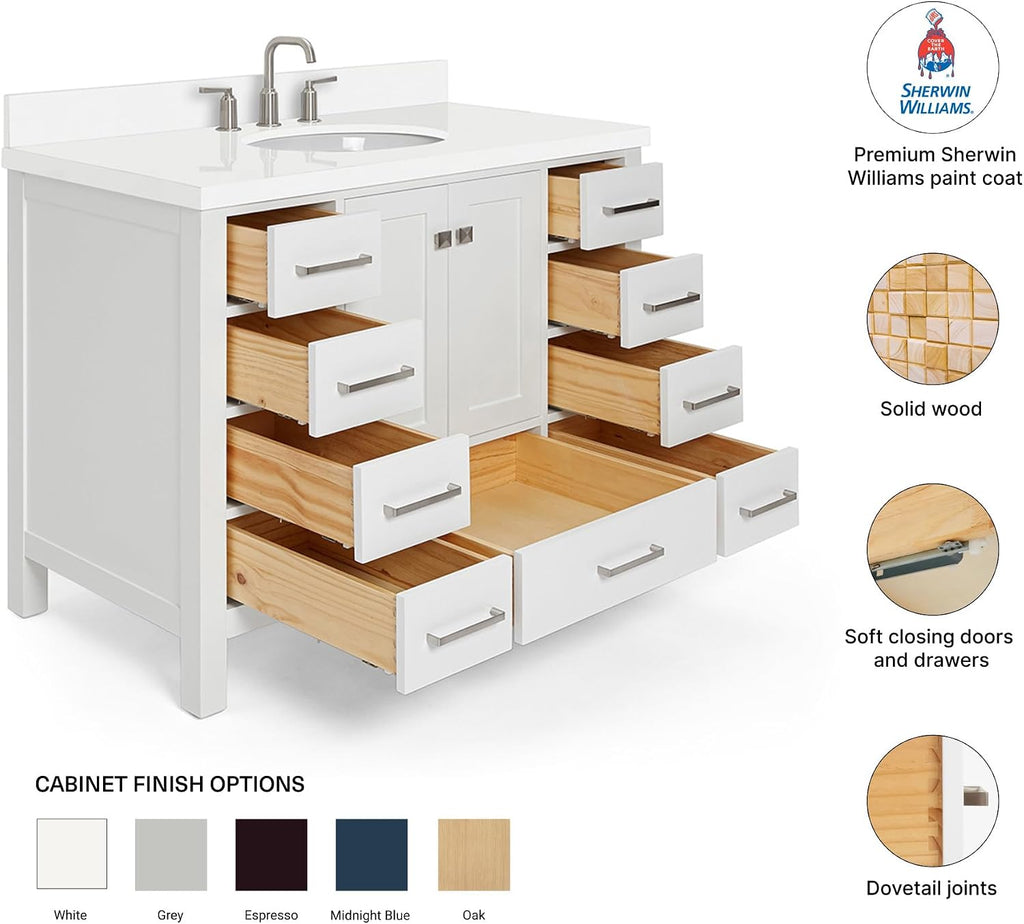 DKB Beckford 42-Inch White Bathroom Vanity with Sink, 1.5' Quartz Countertop & Backsplash, Undermount Oval Sink, 2 Soft Closing Doors & 9 Drawers, Satin Brass Hardware, Solid Wood Construction