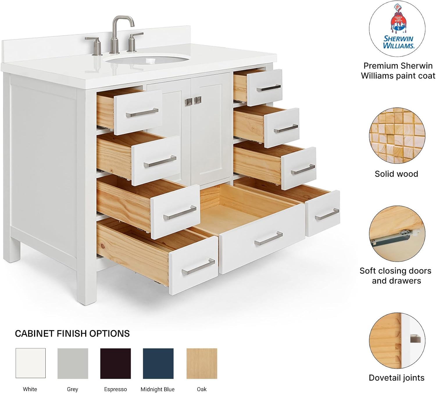 DKB Beckford 42-Inch White Bathroom Vanity with Sink, 1.5' Quartz Countertop & Backsplash, Undermount Oval Sink, 2 Soft Closing Doors & 9 Drawers, Satin Brass Hardware, Solid Wood Construction