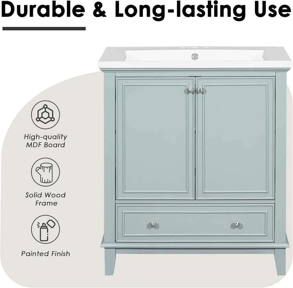Flieks 30'' Bathroom Vanity Without Sink, Base Only, Multi-Functional Bathroom Cabinet with Doors and Drawer, Solid Frame and MDF Board, Green