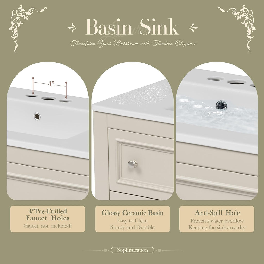 Merax Country 36' Bathroom Vanity with Sink, Farmhouse Bathroom Vanity Storage Cabinet with 4 Drawers and Open Shelf, Solid Wood Frame Bath Storage Vanity