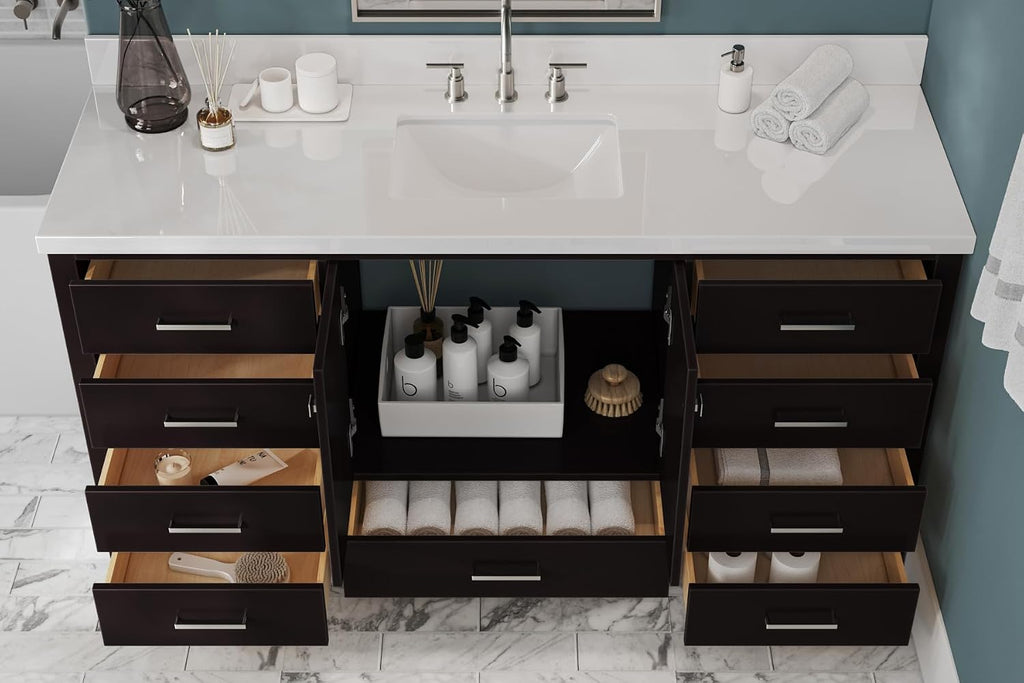 ARIEL Cambridge 66-inch Bathroom Vanity with Sink,Solid Wood, 1.5-inch Pure White Quartz Countertop, Single Rectangular Porcelain Sink, 2 Soft Closing Doors, 9 Dovetail Drawers, Espresso