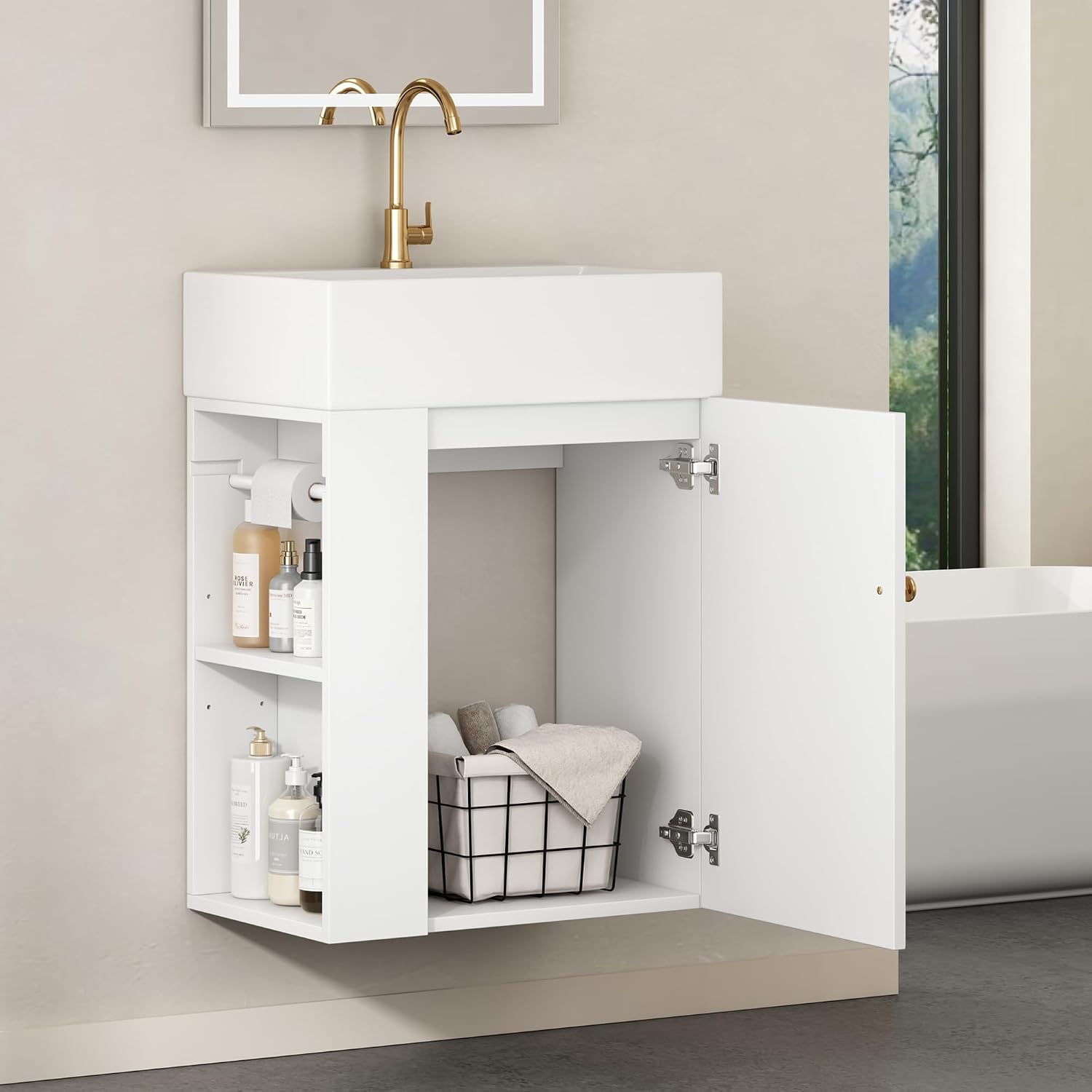 20' Floationg Wall-Mounted Bathroom Vanity with Ceramic Sink, Adjustable Shelf, Toilet Paper Holder, Modern Style, Door with Diamond Design, White