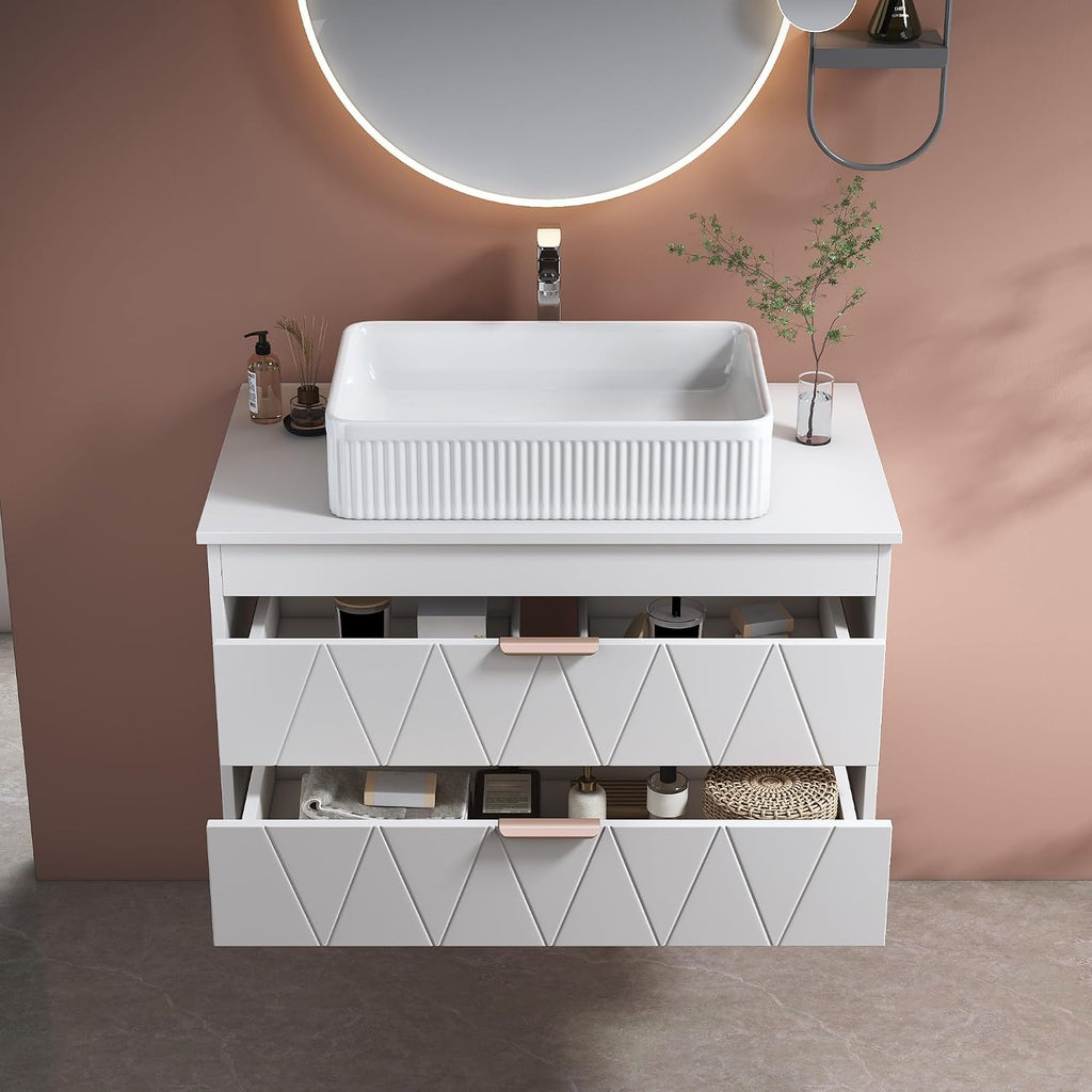 32' Floating Bathroom Vanity with Single Sink, Modern Stripe Wall Mounted Bathroom Vanities with Above Ceramic Basin, Wood Bathroom Vanity Storage Cabinet with 2 Drawers, White