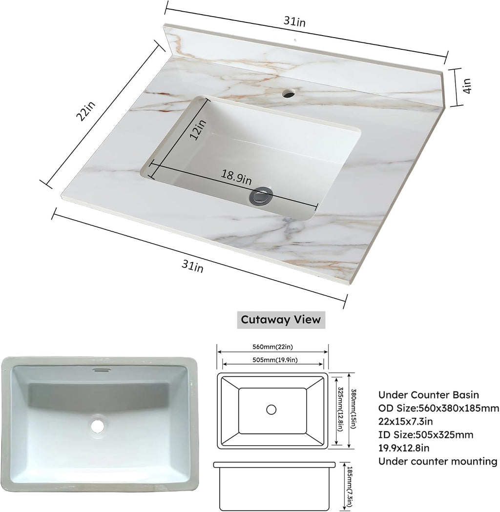 31' Bathroom Vanity Top with Ceramic Undermount Sink & Backsplash,Calacatta Gold Sintered Stone Counter Top, Single Hole Vanity Sink Top