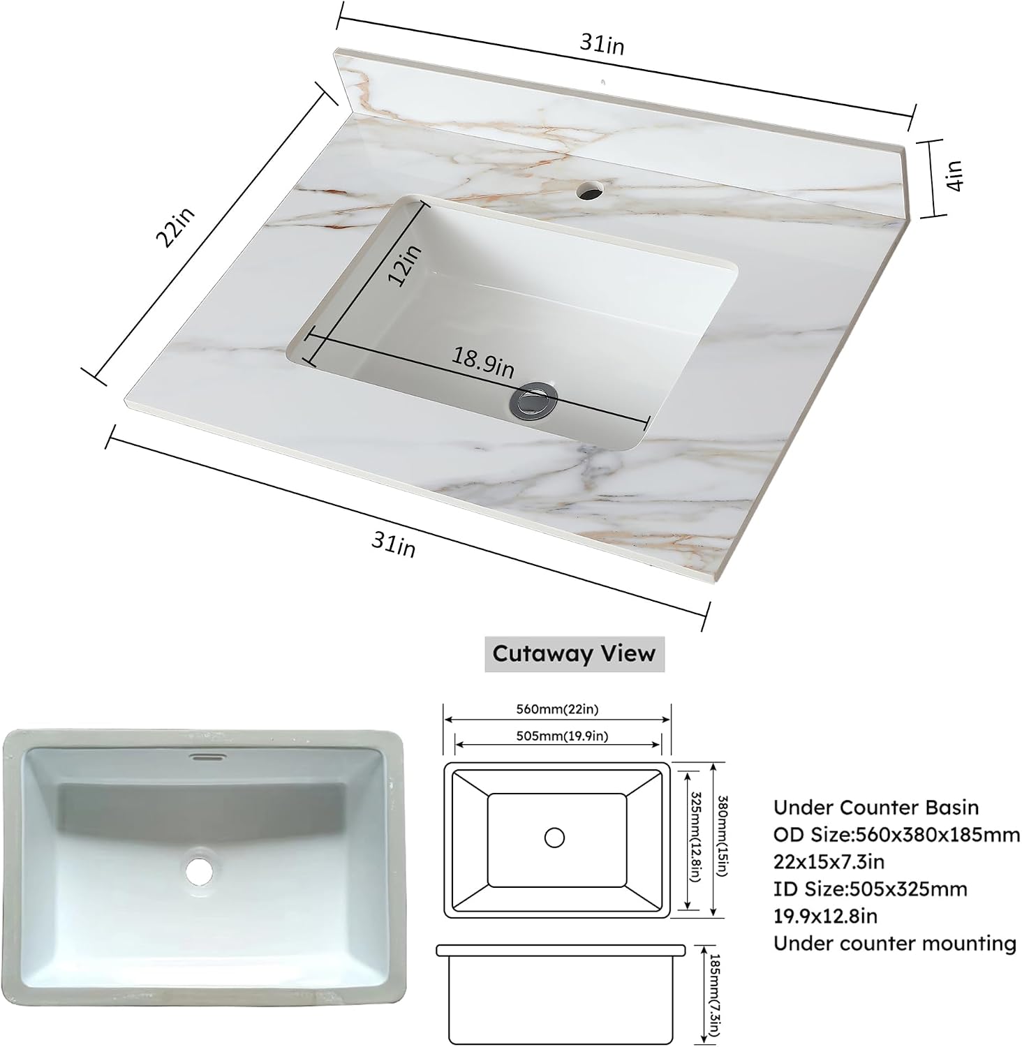 31' Bathroom Vanity Top with Ceramic Undermount Sink & Backsplash,Calacatta Gold Sintered Stone Counter Top, Single Hole Vanity Sink Top