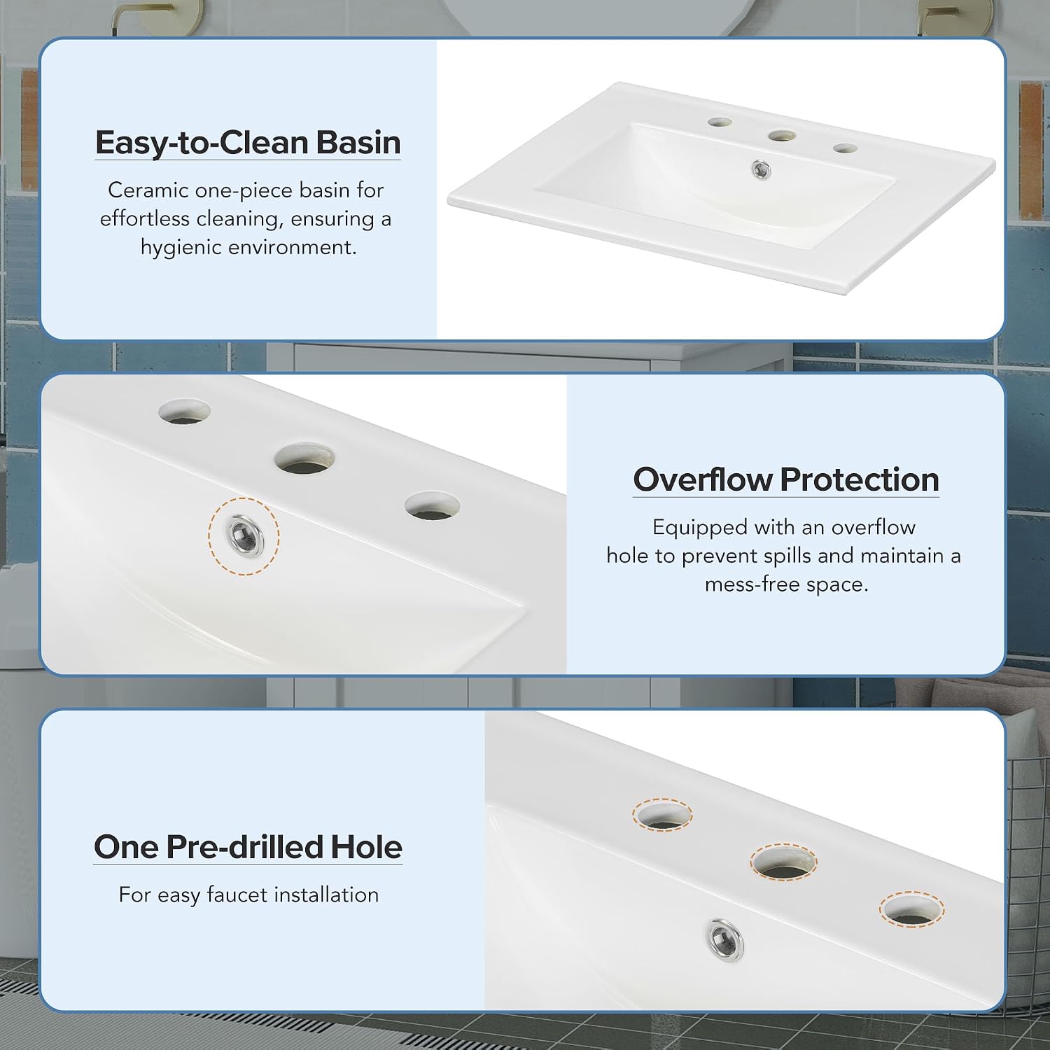 Harper & Bright Designs 24' Bathroom Vanity with Sink, Free Standing Single Basin Vanity Set with 2 Soft-Close Doors and Drawer, Modern Wooden Bathroom Cabinet with Ceramic Basin for Bathroom, White