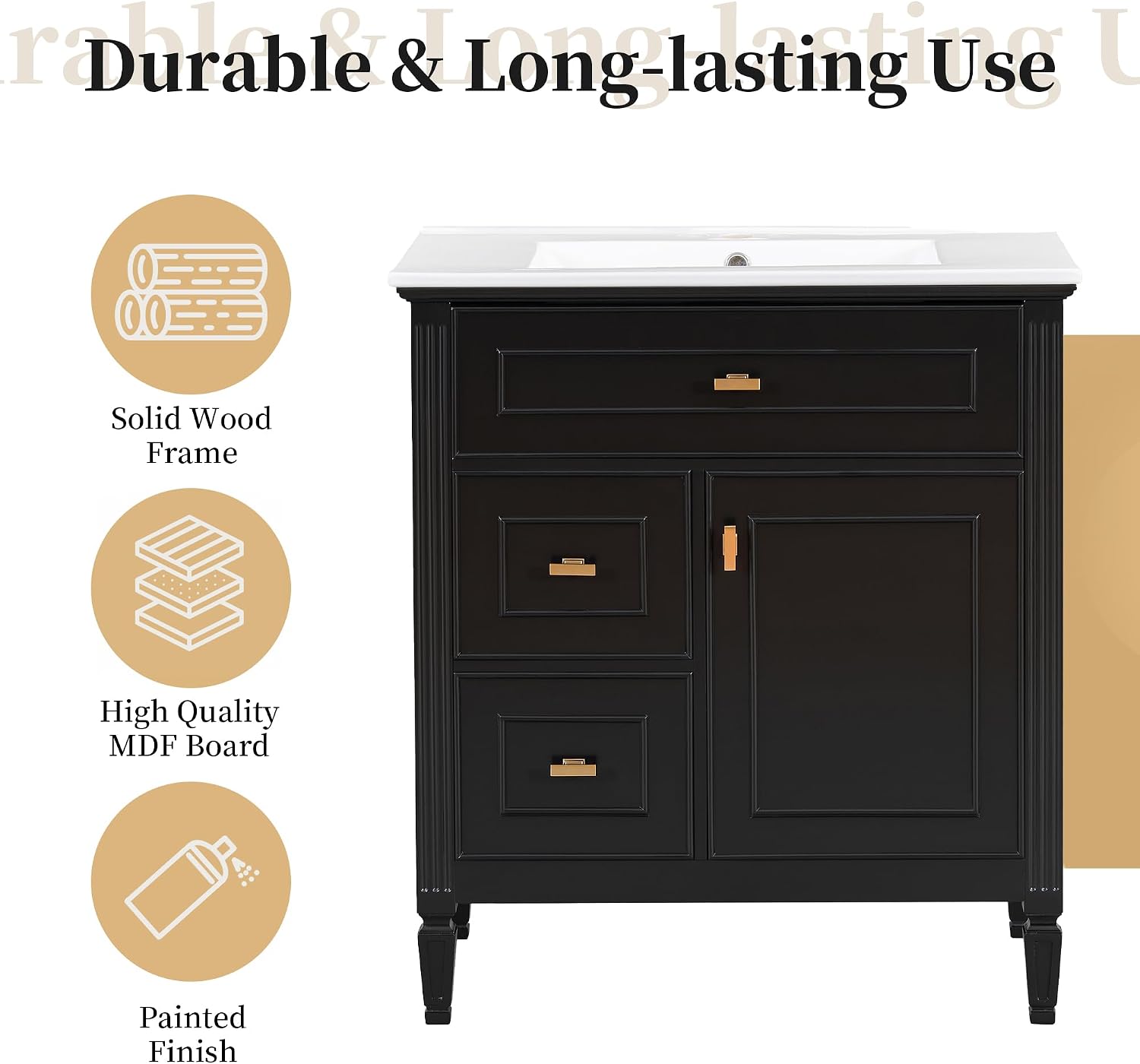 Harper & Bright Designs 30' Bathroom Vanity with Sink, Free Standing Vanity Set with Tip-Out Drawer, 2 Drawers, and Adjustable Shelf, Wood Bathroom Cabinet with Ceramic Basin for Bathroom, Black