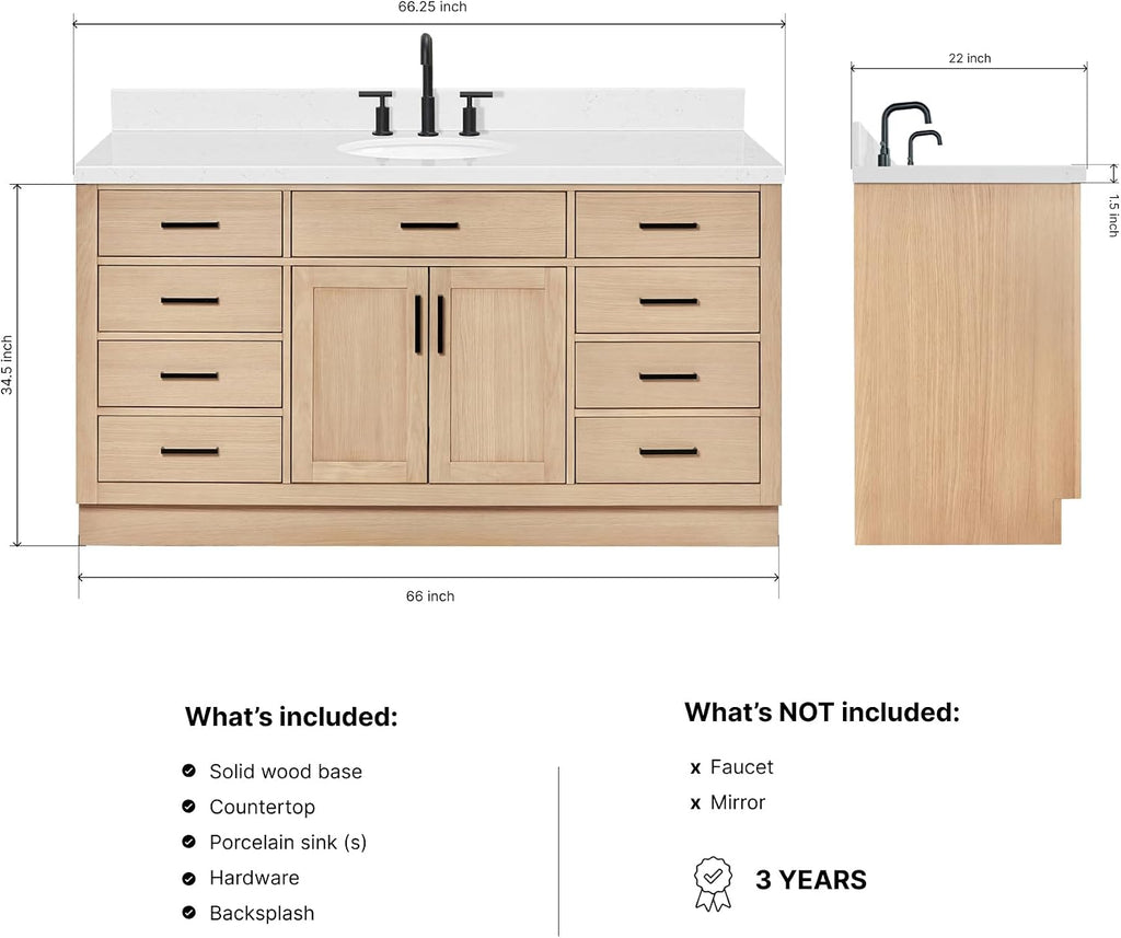 ARIEL Hepburn 66-inch Bathroom Vanity with Sink,Solid Wood, 1.5-inch Carrara White Quartz Countertop & Backsplash, Single Oval Porcelain Sink, 2 Soft Closing Doors, 9 Dovetail Drawers, White Oak
