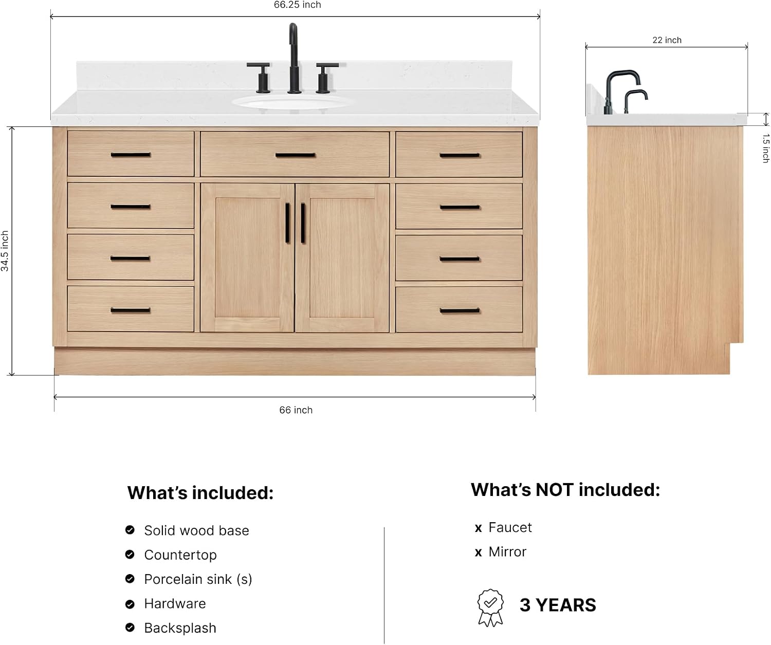 ARIEL Hepburn 66-inch Bathroom Vanity with Sink,Solid Wood, 1.5-inch Carrara White Quartz Countertop & Backsplash, Single Oval Porcelain Sink, 2 Soft Closing Doors, 9 Dovetail Drawers, White Oak