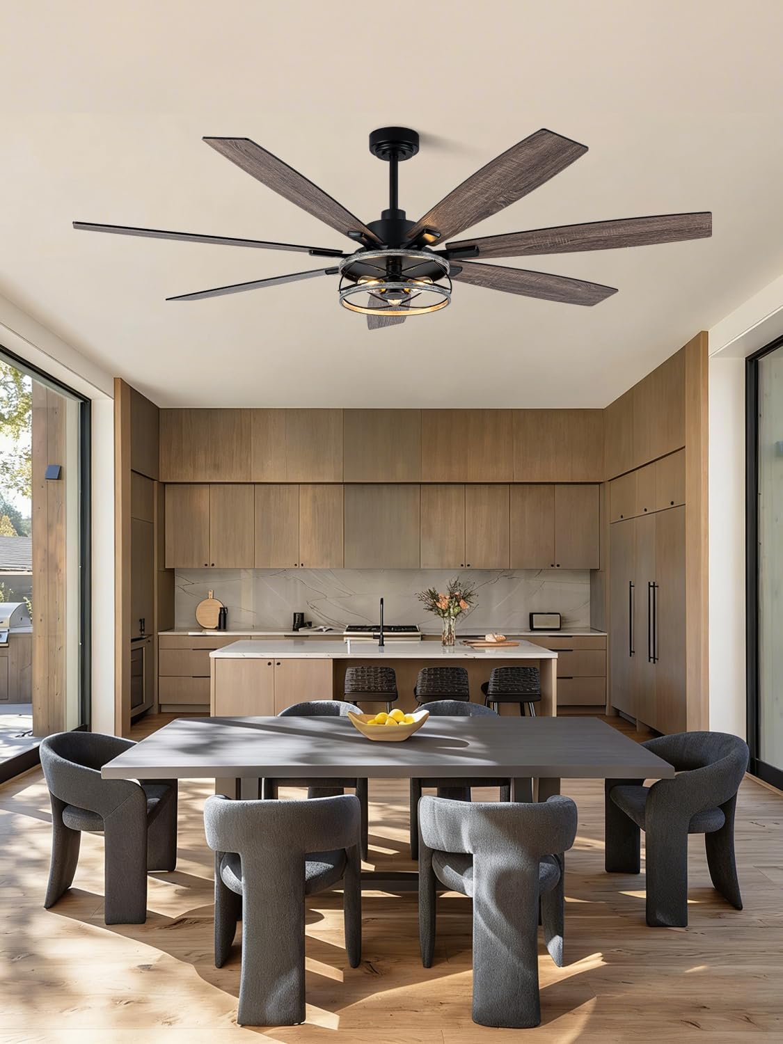 72' Ceiling Fan with Lights and Remote Control, Farmhouse Rustic Caged Ceiling Fan Light Fixture with Double Finish Wood Blades for Bedroom Living Room Kitchen