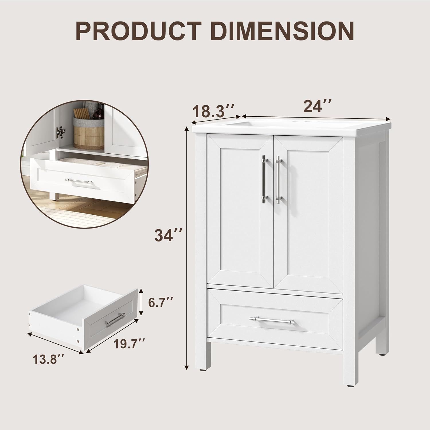 GarveeHome 24' Bathroom Vanity with Sink, Vintage Bathroom Cabinet Vanity with Doors & Drawers, Farmhouse Wooden Freestanding Bathroom Cabinet with Top