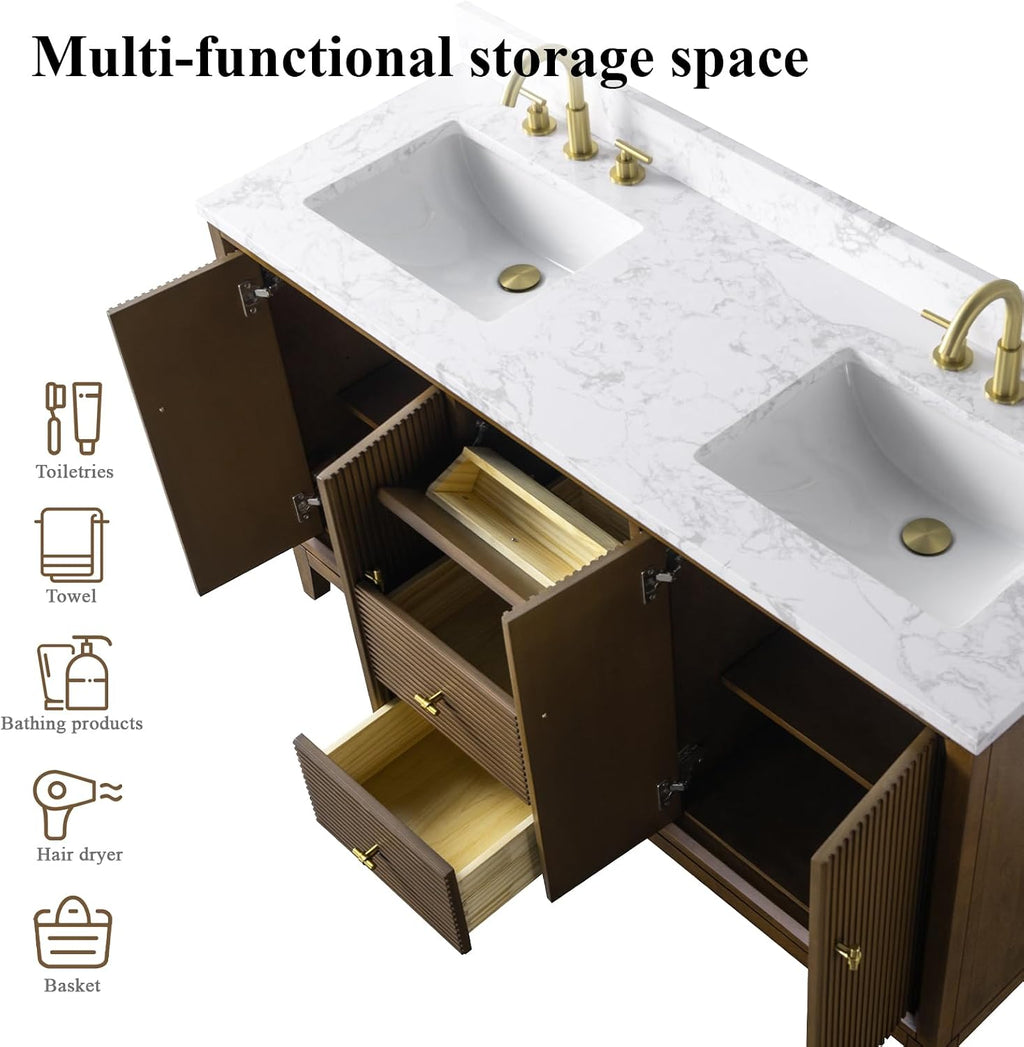 HOMEBEYOND 60' Bathroom Vanity with Double Sink & Engineered Marble Top, Solid Wood Frame, Linear Pattern & Soft Close Door | Golden Brushed Handware, Walnut