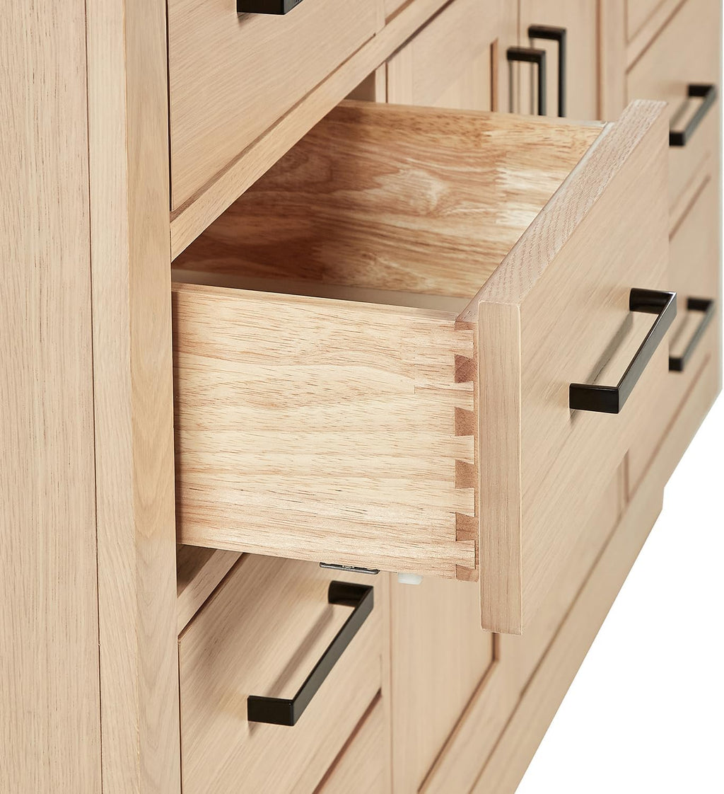 ARIEL Hepburn 66-inch Bathroom Vanity with Sink,Solid Wood, 1.5-inch Carrara White Quartz Countertop & Backsplash, Single Oval Porcelain Sink, 2 Soft Closing Doors, 9 Dovetail Drawers, White Oak