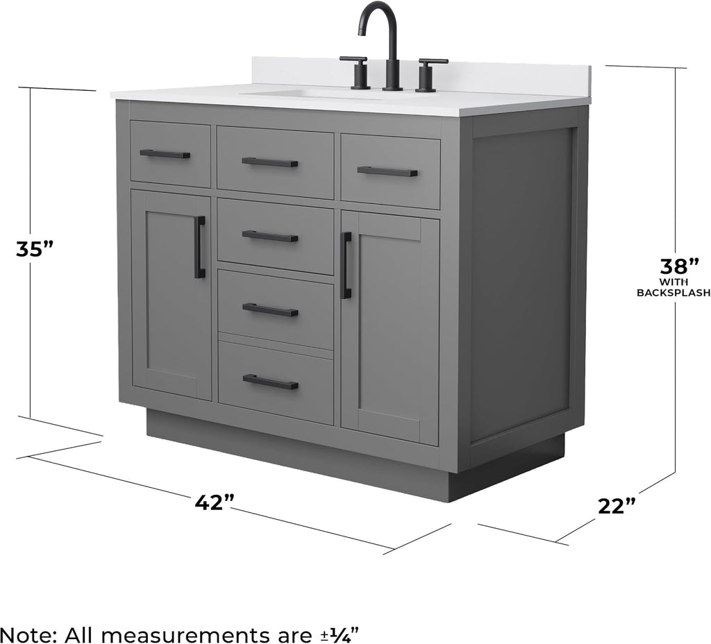 Wyndham Collection Beckett 42 Inch Single Bathroom Vanity with Toe Kick in Dark Gray, White Cultured Marble Countertop, Undermount Square Sink (3-Hole), Matte Black Trim