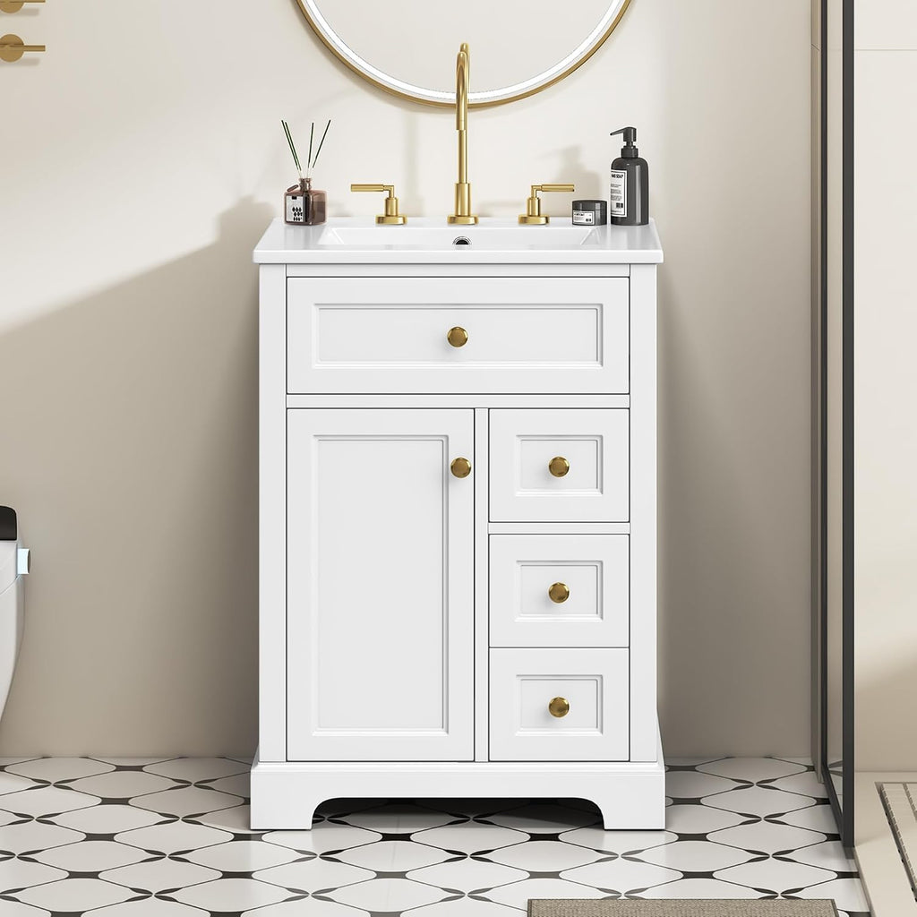 Bathroom Vanity with Sink 24 Inch, Tip-Out Drawer and Door Rack, Adjustable Shelf, Soft-Closing Drawers and Door, White