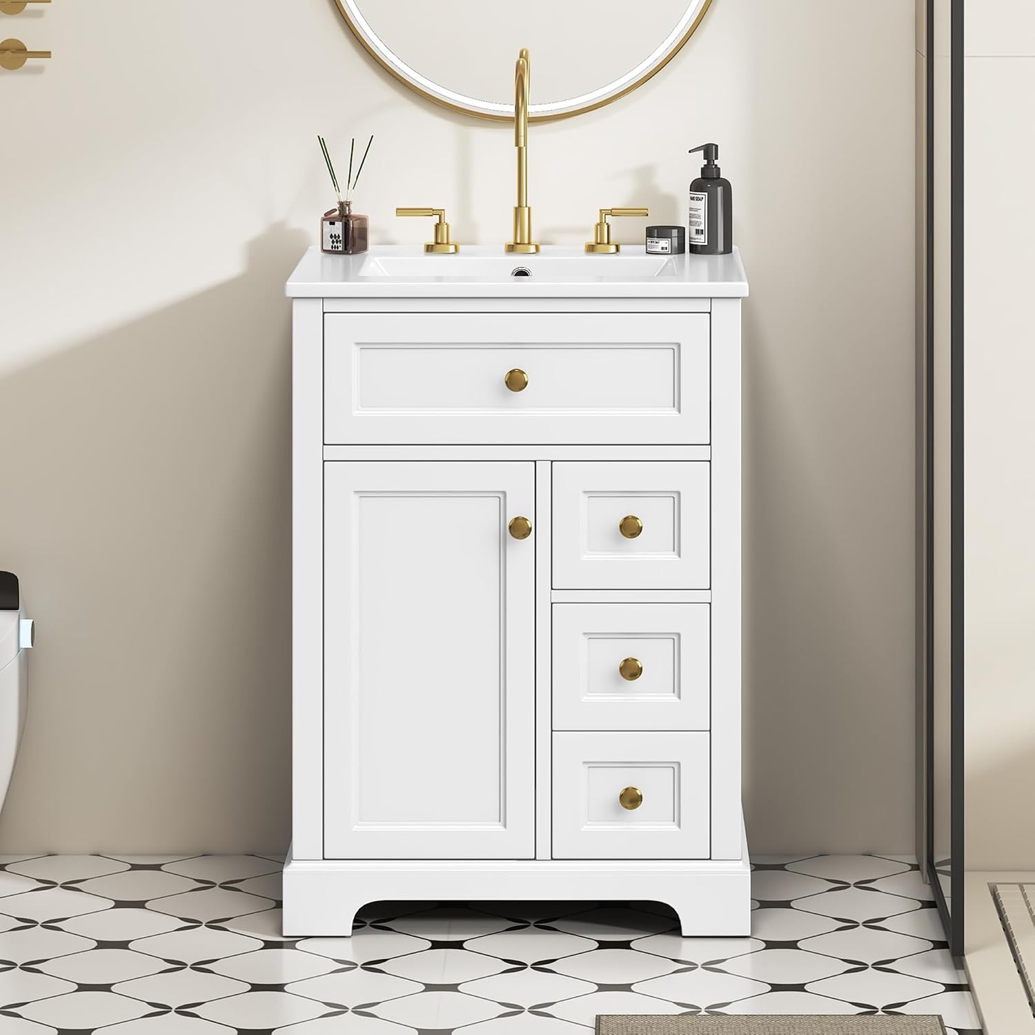 Bathroom Vanity with Sink 24 Inch, Tip-Out Drawer and Door Rack, Adjustable Shelf, Soft-Closing Drawers and Door, White