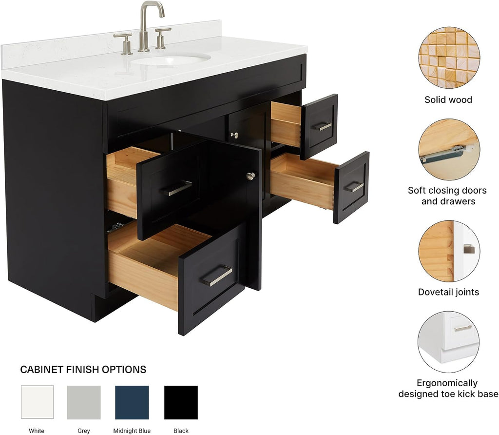 ARIEL Hamlet 60-inch Bathroom Vanity with Sink,Solid Wood, 1.5-inch Carrara White Quartz Countertop & Backsplash, Single Oval Porcelain Sink, 2 Soft Closing Doors, 4 Dovetail Drawers, Black