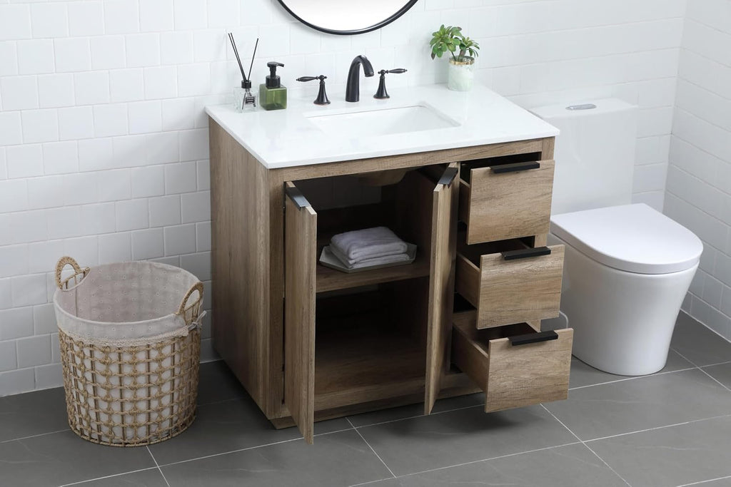 36 Single Bathroom Vanity, with Engineered Marble Top Soft-Close, Natural Oak