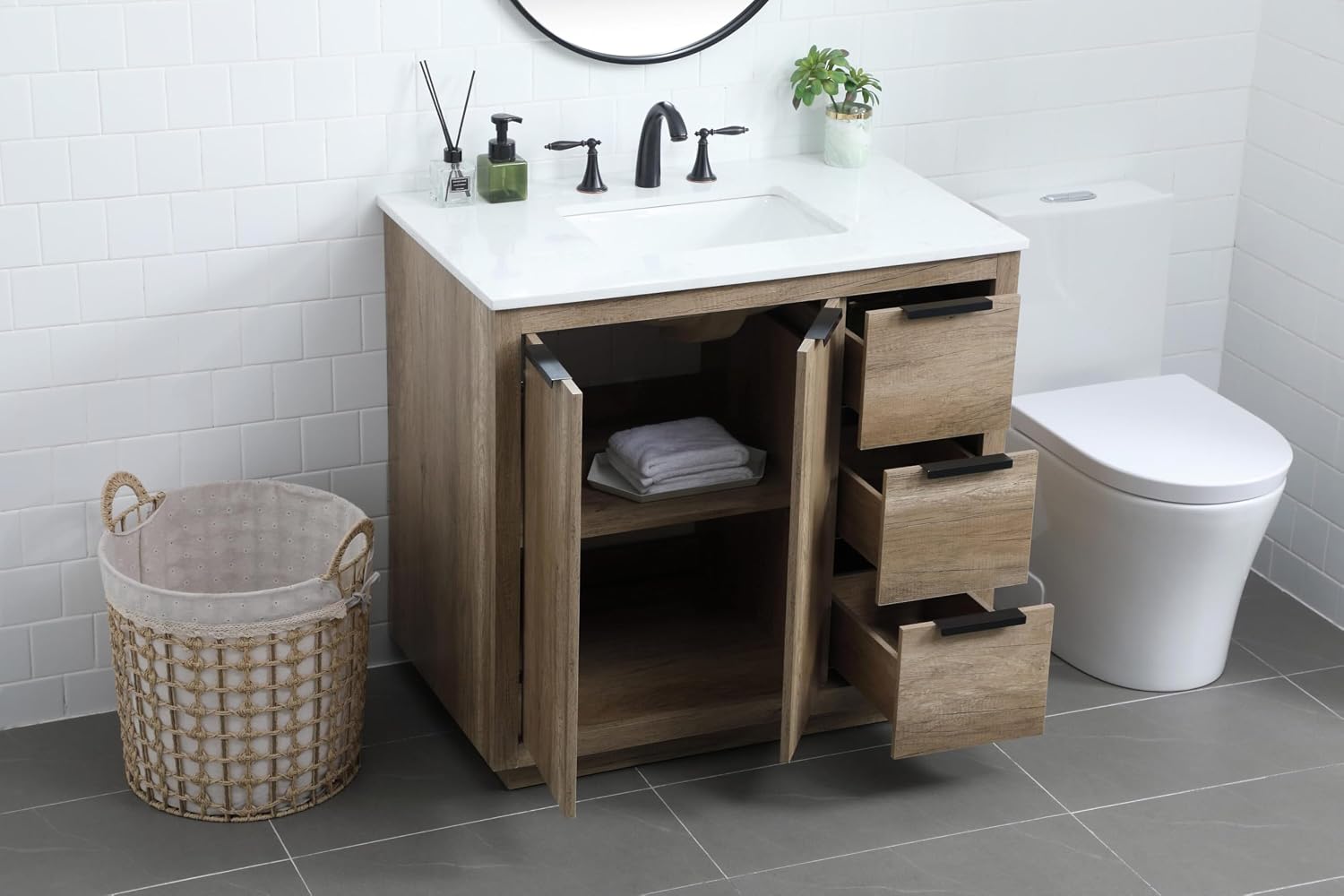 36 Single Bathroom Vanity, with Engineered Marble Top Soft-Close, Natural Oak