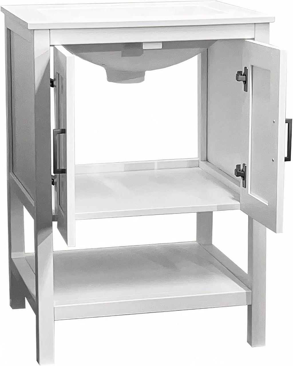 24' Bathroom Vanity with Sink – Freestanding Solid Wood Cabinet with Open Shelf, Soft-Close Doors, Matte White Resin Integrated Top (25' Top Included, White)