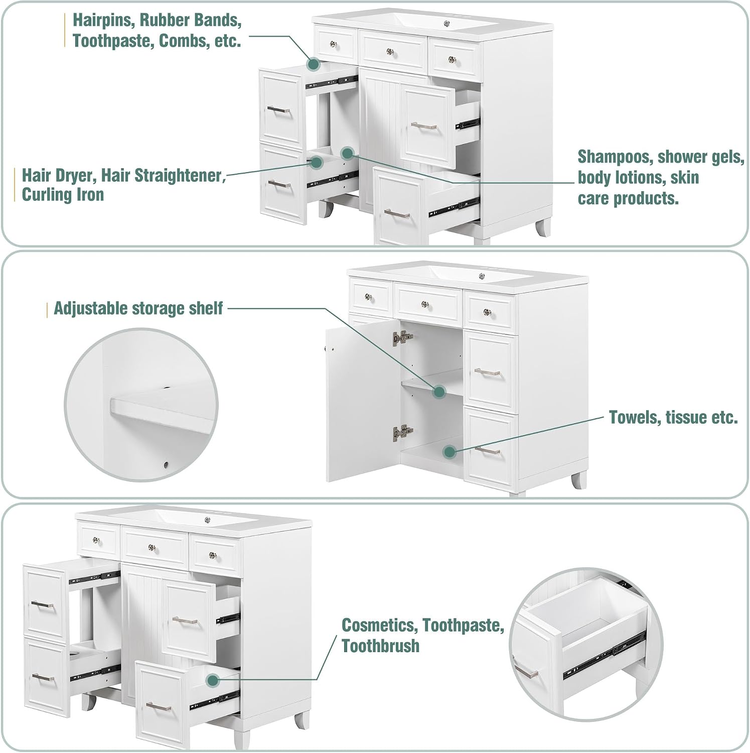 LUMISOL 36' Bathroom Vanity with Sink Top, Single Bathroom Cabinet with 3 Drawers & Soft-Closing Doors, Wooden Bathroom Vanity and Sink Combo, White
